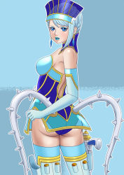 Rule 34 | 10s, 1girl, ass, backless outfit, bare shoulders, blue eyes, blue hair, blue rose (tiger &amp; bunny), boots, braid, cap (dkdm-d), earrings, elbow gloves, gloves, gun, holster, jewelry, karina lyle, lipstick, looking back, makeup, matching hair/eyes, solo, thigh boots, thighhighs, tiger &amp; bunny, weapon