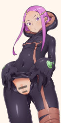 Rule 34 | 1girl, anemone (eureka seven), bar censor, blush, bodysuit, breasts, censored, cleft of venus, clitoris, collagen, covered collarbone, covered erect nipples, covered navel, cowboy shot, eureka seven, eureka seven (series), fat mons, from below, hair ornament, hairclip, hood, long hair, looking at viewer, parted bangs, pink eyes, pink hair, pointless censoring, presenting, pussy, simple background, skin tight, skindentation, solo, standing, swept bangs, torn bodysuit, torn clothes