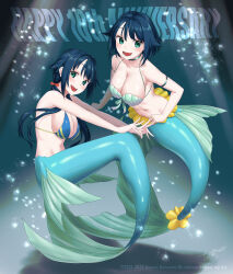 Rule 34 | 2girls, :d, arm strap, awono nanaumi, bare shoulders, bikini, bikini top only, black choker, blue bikini, blue hair, bow, breasts, choker, cleavage, collarbone, commentary request, fins, fukami nana (awono nanaumi), full body, green eyes, groin, hair between eyes, hair bow, hair flaps, happy anniversary, highres, large breasts, long hair, looking at viewer, lower teeth only, mermaid, monster girl, multiple girls, navel, open mouth, original, shadow, shell, shell bikini, short hair, sidelocks, signature, smile, stomach, swimsuit, tail, tail ornament, teeth, upper teeth only, watermark
