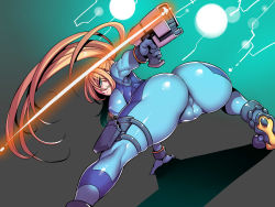 Rule 34 | 1girl, aiming, aqua eyes, arm support, ass, blonde hair, blue bodysuit, bodysuit, breasts, cameltoe, closed mouth, commentary request, covered anus, covered erect nipples, dutch angle, fat mons, floating hair, from behind, gloves, gun, handgun, high ponytail, holding, holding gun, holding weapon, holster, huge ass, impossible bodysuit, impossible clothes, leaning forward, long hair, long sleeves, looking back, metroid, nintendo, outstretched arm, outstretched leg, ponytail, samus aran, serious, shiny clothes, skin tight, solo, spread legs, thick thighs, thigh holster, thigh strap, thighs, tukiwani, twisted torso, weapon, zero suit