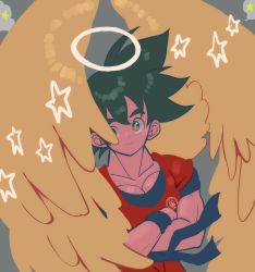 Rule 34 | 1boy, angel wings, black eyes, black hair, blue wristband, closed mouth, clothes writing, cloud, collarbone, crossed arms, dougi, dragon ball, dragonball z, feathered wings, glowing, grey background, halo, highres, kodama (marugoto omikan), looking at viewer, looking up, male focus, multicolored eyes, muscular, muscular male, muted color, orange pants, pants, pectorals, simple background, smile, solo, son goku, spiked hair, star (symbol), upper body, wings, wristband, yellow eyes