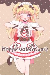 Rule 34 | 1girl, ;d, blonde hair, dress, foot out of frame, frilled dress, frills, hands up, happy valentine, heart, heart hands, highres, hoshikuzu (pinkholic), idol time pripara, long hair, looking at viewer, maid headdress, one eye closed, open mouth, pink dress, pretty series, pripara, puffy short sleeves, puffy sleeves, purple eyes, ringlets, shoes, short sleeves, smile, socks, solo, standing, standing on one leg, two side up, yumekawa yui