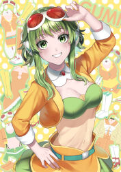 Rule 34 | 1girl, absurdres, adjusting eyewear, arm up, belt, blush, breasts, brooch, character name, cleavage, cropped jacket, detached collar, eyewear on head, goggles, goggles on head, green eyes, grin, gumi, gumi (ai megpoid), hand on eyewear, hand on own hip, headphones, highres, jewelry, long sleeves, looking at viewer, medium breasts, nail polish, nil (pixiv 53614557), polka dot, polka dot background, red-tinted eyewear, see-through, see-through shirt, short hair with long locks, skirt, smile, solo, strapless, tinted eyewear, tube top, underboob, vocaloid