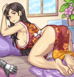 Rule 34 | 1girl, all fours, ass, bent over, black hair, breasts, chinese clothes, come hither, earrings, final fantasy, final fantasy vii, from behind, indoors, jewelry, large breasts, long hair, looking at viewer, looking back, no panties, red eyes, redjet, sideboob, smile, solo, tifa lockhart