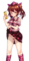Rule 34 | 1girl, bad id, bad pixiv id, bar censor, blouse, blush, brown hair, calpish, cellphone, censored, checkered clothes, checkered skirt, clothes lift, hat, highres, himekaidou hatate, lifting own clothes, looking at viewer, miniskirt, necktie, no panties, phone, pink shirt, pleated skirt, pointy ears, puffy short sleeves, puffy sleeves, pussy, red eyes, red necktie, red skirt, shirt, short sleeves, simple background, skirt, skirt lift, solo, standing, tears, thighs, tokin hat, touhou, twintails, white background, white shirt