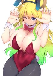 Rule 34 | 1girl, ;), alternate costume, animal ears, blonde hair, blue eyes, breasts, cleavage, commentary request, cool-kyou shinja, curvy, fake animal ears, gradient hair, green hair, highres, huge breasts, kobayashi-san chi no maidragon, leotard, long hair, looking at viewer, lucoa (maidragon), multicolored hair, one eye closed, playboy bunny, rabbit ears, red leotard, smile, solo, thick thighs, thighs