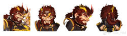 Rule 34 | 1boy, absurdres, bara, blonde hair, character sheet, cropped shoulders, cyborg, demon horns, facial hair, highres, horns, huge eyebrows, large hands, low ponytail, male focus, mature male, mole hm, multicolored hair, multiple views, muscular, muscular male, mustache, mutton chops, original, red hair, smile, streaked hair, thick eyebrows, v-shaped eyebrows, yellow eyes