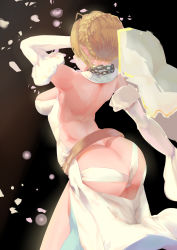 Rule 34 | 10s, 1girl, absurdres, ahoge, arched back, armpits, ass, backless dress, backless outfit, bare back, bare shoulders, blonde hair, braid, breasts, butt crack, cc drawing, chain, cowboy shot, detached sleeves, dress, fate/extra, fate/extra ccc, fate (series), french braid, from side, gloves, highres, long sleeves, medium breasts, nero claudius (bride) (fate), nero claudius (fate), nero claudius (fate), panties, short hair, solo, underwear, veil, white dress, white gloves, white panties