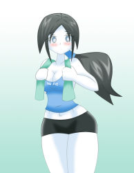 Rule 34 | 1girl, blush, breasts, colored skin, highres, lucky-jj, navel, nintendo, ponytail, short shorts, shorts, simple background, solo, super smash bros., tank top, white skin, wii fit, wii fit trainer, wii fit trainer (female)