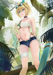 Rule 34 | 1girl, anizi, aqua eyes, arm behind back, bandaged leg, bandages, bare legs, bare shoulders, bikini, bikini under clothes, black choker, blonde hair, blue shorts, breasts, chest sarashi, choker, commentary request, crossed bangs, denim, denim shorts, dutch angle, eyewear on head, feet out of frame, from below, highres, hololive, katana, kazama iroha, leaf, linea alba, long sleeves, looking afar, medium breasts, navel, off shoulder, open clothes, open fly, outdoors, parted lips, plant, planted, planted sword, planted weapon, ponytail, potted plant, sarashi, see-through, short hair, short shorts, shorts, single strap, solo, standing, stomach, strap pull, swimsuit, sword, tinted eyewear, virtual youtuber, water, weapon, zipper pull tab