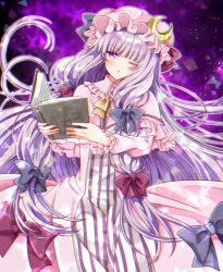 Rule 34 | 1girl, blush, book, crescent, crescent hat ornament, dress, hat, hat ornament, holding, holding book, long hair, long sleeves, mob cap, okawa friend, one eye closed, open book, parted lips, patchouli knowledge, pink dress, pink hat, purple eyes, purple hair, sidelocks, solo, striped clothes, striped dress, touhou, vertical-striped clothes, vertical-striped dress, white dress