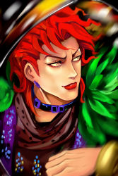 Rule 34 | 1boy, collar, dio brando, earrings, emptycicada, highres, jewelry, jojo no kimyou na bouken, lipstick, looking to the side, makeup, male focus, motion blur, pink eyes, portrait, profile, red hair, red lips, smile, solo, wrist cuffs