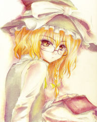 Rule 34 | 1girl, bespectacled, blonde hair, book, braid, color ink (medium), female focus, glasses, graphite (medium), hair ribbon, hat, hat ribbon, kirisame marisa, looking at viewer, looking back, open book, ribbon, short hair, solo, sugai, touhou, traditional media, witch, witch hat, yellow eyes