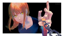 Rule 34 | 1girl, chainsaw man, clothes, collar, highres, holding, keibleh, looking at viewer, makima (chainsaw man), red hair, shadow, simple background, smile, solo focus, yellow eyes
