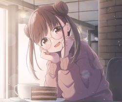 Rule 34 | 1girl, alternate costume, blush, brown sweater, cafe, cake, cake slice, clenched hands, coffee, coffee mug, cup, double bun, ene mizunoawa, food, glint, hair bun, hands on own cheeks, hands on own face, head tilt, highres, idolmaster, idolmaster shiny colors, lens flare, looking at viewer, mug, round eyewear, sitting, smile, solo, sonoda chiyoko, sunlight, sweater, twintails, upper body
