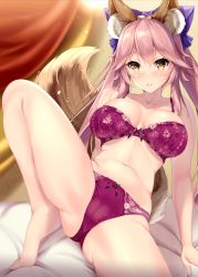 Rule 34 | 1girl, animal ear fluff, animal ears, ass, bare shoulders, blue bow, blush, bow, bra, breasts, cleavage, collarbone, fate/extra, fate (series), fox ears, fox girl, fox tail, fukuda shuushi, hair bow, highres, knee up, large breasts, long hair, looking at viewer, navel, panties, parted lips, pink bra, pink hair, pink panties, sidelocks, smile, solo, tail, tamamo (fate), tamamo no mae (fate/extra), thighs, twintails, underwear, yellow eyes