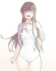 Rule 34 | 10s, 1girl, :d, alternate costume, bag, breasts, clenched hand, collarbone, cowboy shot, eyebrows, glasses, gradient background, hair between eyes, hairband, highres, holding strap, kantai collection, large breasts, long hair, looking at viewer, one-piece swimsuit, ooyodo (kancolle), open mouth, shade, smile, solo, swimsuit, white one-piece swimsuit, yuuji (and)