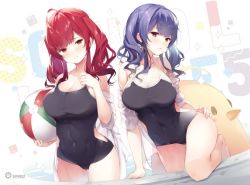 Rule 34 | 2girls, ahoge, azur lane, ball, bare shoulders, beachball, black one-piece swimsuit, blush, breasts, cleavage, climbing, clothing cutout, collarbone, competition school swimsuit, covered navel, holding, holding ball, holding beachball, large breasts, long hair, looking at viewer, multiple girls, off shoulder, one-piece swimsuit, parted lips, pola (azur lane), pool, purple hair, red eyes, red hair, school swimsuit, senji (tegone spike), side cutout, smile, swimsuit, twintails, wading, wet, zara (azur lane)