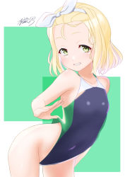 Rule 34 | 1girl, absurdres, arched back, ayuman, blonde hair, commission, commissioner upload, competition swimsuit, cowboy shot, dated, flat chest, forehead, green eyes, grin, hairband, highleg, highleg swimsuit, highres, kantai collection, looking at viewer, luigi torelli (kancolle), one-piece swimsuit, short hair, signature, smile, solo, swimsuit, white hairband