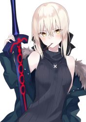 Rule 34 | artoria pendragon (all), artoria pendragon (fate), azuuru, bad id, bad twitter id, bare shoulders, black bow, black vest, blue jacket, blush, bow, commentary request, excalibur morgan (fate), fate/stay night, fate (series), food, fur-trimmed jacket, fur trim, hair between eyes, hair bow, highres, jacket, jewelry, mouth hold, necklace, off shoulder, open clothes, open jacket, pale skin, pocky, ribbed sweater, saber alter, silver hair, simple background, sleeveless, sleeveless turtleneck, solo, sweater, sweater vest, sword, turtleneck, vest, weapon, white background, yellow eyes