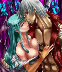 Rule 34 | 1boy, 1girl, abs, aqua hair, bare shoulders, blue eyes, blue hair, breast press, breasts, bridal gauntlets, capcom, cleavage, collarbone, crossover, dante (devil may cry), devil may cry, devil may cry (series), devil may cry 3, evil smile, head tilt, head wings, imminent kiss, jacket, large breasts, lips, long hair, looking at viewer, marvel, marvel vs. capcom, marvel vs. capcom 3, morrigan aensland, nagare, open clothes, open shirt, shirt, sidelocks, silver hair, smile, upper body, vampire (game), wings