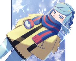 Rule 34 | 1boy, aqua eyes, aqua hair, blue scarf, blush, commentary request, cowboy shot, creatures (company), eyelashes, game freak, grusha (pokemon), hands in pockets, highres, jacket, male focus, mocacoffee 1001, nintendo, outline, pants, poke ball print, pokemon, pokemon sv, scarf, scarf over mouth, snowflakes, solo, striped clothes, striped scarf, yellow jacket