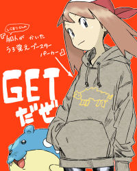 Rule 34 | 1girl, alternate costume, arrow (symbol), bandana, brown hair, closed mouth, commentary request, creatures (company), donnpati, game freak, gen 3 pokemon, grey eyes, grey hoodie, hand in pocket, highres, hood, hoodie, looking at viewer, may (pokemon), nintendo, orange background, outline, pokemon, pokemon (creature), pokemon rse, red bandana, smile, spheal, translation request