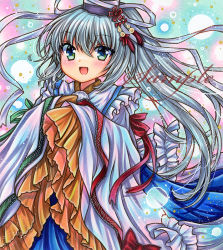 Rule 34 | 1girl, :d, alternate hair length, alternate hairstyle, blue eyes, blue skirt, blush, bow, cowboy shot, floating hair, frilled sleeves, frills, hair between eyes, hat, hat ribbon, japanese clothes, kariginu, light particles, long hair, long sleeves, looking at viewer, marker (medium), mononobe no futo, open mouth, pom pom (clothes), ponytail, red bow, red ribbon, ribbon, rui (sugar3), sample watermark, skirt, smile, solo, tate eboshi, touhou, traditional media, very long hair, watermark, white ribbon, wide sleeves