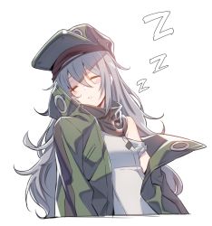 Rule 34 | 1girl, blue hair, blush stickers, closed eyes, drooling, g11 (girls&#039; frontline), girls&#039; frontline, green hat, green jacket, hat, jacket, long hair, off shoulder, scarf, scarf on head, shirt, sleeping, solo, supernew, white shirt, zzz