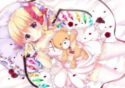 Rule 34 | 1girl, bare shoulders, blonde hair, bow, commentary request, flandre scarlet, hair bow, holding, looking at viewer, red bow, red eyes, rikatan, side ponytail, smile, solo, strap slip, stuffed animal, stuffed toy, teddy bear, touhou, wings, wrist cuffs