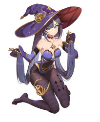 Rule 34 | 1girl, bare shoulders, black hair, black pantyhose, blue eyes, blue hat, blue leotard, breasts, choker, collarbone, crescent, crescent hat ornament, deatheach, detached sleeves, full body, genshin impact, hair ornament, hat, hat ornament, heart, heart hair ornament, highres, holding, holding own hair, kneeling, legs, leotard, long hair, long sleeves, looking at viewer, medium breasts, mona (genshin impact), no shoes, pantyhose, simple background, smile, solo, star (symbol), star choker, thighlet, very long hair, white background, witch hat