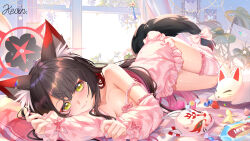 1girl absurdres alternate_costume animal_ear_fluff animal_ears artist_name bare_shoulders black_hair blue_archive blush bow breasts chinese_commentary cleavage closed_mouth commentary_request detached_sleeves dutch_angle eyeshadow foreshortening fox fox_ears fox_girl fox_mask fox_tail full_body hair_between_eyes halo heart heart_in_eye highres indoors kevin_(reillymark1) lips long_hair looking_at_viewer lying makeup mask no_shoes on_side pink_bow pink_shirt red_eyeshadow red_halo shiny_skin shirt sidelocks single_thighhigh smile striped_clothes striped_thighhighs symbol_in_eye tail tail_bow tail_ornament thighhighs thighs wakamo_(blue_archive) window yellow_eyes