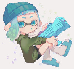 Rule 34 | 1girl, :o, absurdres, beanie, bike shorts, black shorts, blue eyes, blue footwear, blue hair, blue hat, blue tongue, blunt bangs, blush, colored tongue, commentary request, crescent, full body, green hoodie, gun, hat, highres, holding, holding gun, holding weapon, hood, hood down, hoodie, inkling, inkling girl, inkling player character, long sleeves, looking at viewer, looking to the side, nintendo, open mouth, parted lips, pointy ears, sahata saba, sandals, short eyebrows, short hair, short shorts, shorts, sidelocks, signature, simple background, sitting, socks, solo, splatoon (series), splattershot jr (splatoon), star (symbol), tentacle hair, thick eyebrows, weapon, white background, white socks
