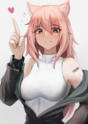 Rule 34 | 1girl, animal ear fluff, animal ears, arknights, barcode, barcode tattoo, bare shoulders, blush, breasts, brown eyes, gravel (arknights), hair between eyes, jacket, krirk, long hair, looking at viewer, mouse ears, open mouth, pink hair, simple background, smile, solo, tattoo, white background