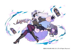 Rule 34 | 1girl, black gloves, black skirt, blue eyes, boots, brown footwear, buttons, coat, cross-laced footwear, double-breasted, dynamite, enkyo yuuichirou, explosive, eyepatch, frankenstein (mugen knights), full body, garter straps, gloves, grenade, hair between eyes, high heel boots, high heels, lace-up boots, long hair, mugen knights, purple thighhighs, screw, simple background, skindentation, skirt, smile, solo, square enix, stitches, striped clothes, striped thighhighs, thighhighs, watermark, white background, white hair