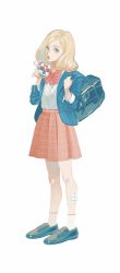 Rule 34 | 1girl, bad id, bad twitter id, bag, black bag, black footwear, blonde hair, blue jacket, bow, bowtie, drinking, drinking straw, full body, highres, jacket, long hair, long sleeves, mole, mole under eye, mu mashu, original, pink skirt, plaid, plaid skirt, red bow, red bowtie, shirt, shirt tucked in, shoes, shoulder bag, simple background, skirt, solo, standing, white background, white shirt
