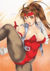 Rule 34 | 1girl, armband, breakers, breasts, brown eyes, brown hair, brown pantyhose, cleavage, egunamblack, fighting stance, headband, highleg, highleg leotard, jacket, large breasts, leg up, leotard, lips, looking at viewer, marker (medium), open mouth, pantyhose, ponytail, red leotard, simple background, smile, solo, thick thighs, thighs, tia langray, traditional media, white background, wrist wrap