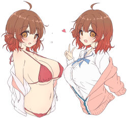 1girl ahoge bikini breasts brown_eyes brown_hair commentary gakuen_idolmaster hair_bun hanami_ume heart highres idolmaster large_breasts looking_at_viewer mel_(melty_pot) multiple_views navel red_bikini school_uniform shirt single_hair_bun swimsuit upper_body v white_shirt