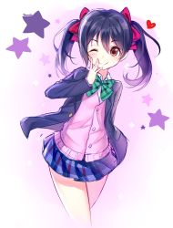Rule 34 | 10s, 1girl, artist name, black hair, blazer, bow, gendo0032, gendo0033, hair bow, jacket, looking at viewer, love live!, love live! school idol project, one eye closed, red eyes, school uniform, short hair, smile, solo, star (symbol), twintails, yazawa nico