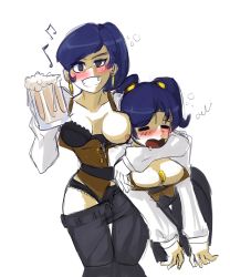 Rule 34 | 2girls, absurdres, alcohol, beer, beer mug, between breasts, black bra, black panties, black pants, blue hair, blush, bra, breasts, breasts apart, cleavage, coin, collarbone, corset, cup, detached sleeves, doce, drunk, earrings, closed eyes, female focus, gold tooth, grin, highres, jewelry, looking at viewer, mug, multiple girls, one breast out, open mouth, panties, pants, pirate crossbower (terraria), ponytail, simple background, smile, terraria, twintails, underwear, white background
