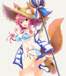 Rule 34 | 1girl, :d, absurdres, animal ears, bikini, blouse, blue bikini, bow, bracelet, breasts, cameltoe, cleavage, dress, ears through headwear, fate/grand order, fate (series), fox ears, fox tail, grey background, hair bow, hat, highres, holding, jewelry, large breasts, leg up, long hair, maruchan, open mouth, red hair, see-through, shirt, side-tie bikini bottom, sideboob, simple background, smile, solo, standing, standing on one leg, straw hat, string bikini, swimsuit, tail, tamamo (fate), tamamo no mae (fate/extra), tamamo no mae (swimsuit lancer) (fate), tamamo no mae (swimsuit lancer) (second ascension) (fate), underboob, wet, wet clothes, wet shirt, white dress, white shirt, yellow eyes, yellow hat
