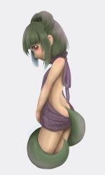 Rule 34 | adagumo no saragimaru, androgynous, ass, blush, convenient censoring, dated, flat ass, from side, gender request, green hair, hair ornament, len&#039;en, looking back, meme attire, ponytail, red eyes, short hair, short ponytail, snake hair ornament, snake tail, solo, tail, yuejiao tuan