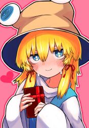 Rule 34 | 1girl, absurdres, bandaid, blue eyes, blush, bright pupils, brown headwear, closed mouth, commentary, hair between eyes, heart, highres, looking at viewer, moriya suwako, neritch, pink background, sidelocks, smile, solo, sweat, touhou, upper body, valentine, white pupils, wide sleeves