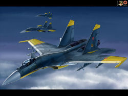 Rule 34 | ace combat, ace combat 04, aircraft, airplane, cloud, emblem, fighter jet, flying, jet, kcme, letterboxed, military, military vehicle, missile, no humans, pilot, sky, su-37, vehicle focus, weapon, yellow 13, yellow 4