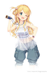 Rule 34 | 1girl, ;d, bare shoulders, blonde hair, copyright name, cowboy shot, english text, hair ornament, hand on own hip, holding, koto-channel, leaning forward, long hair, looking at viewer, midriff, mihama kosumi, navel, official art, one eye closed, open mouth, original, pants, pants rolled up, see-through, senji (tegone spike), shorts, simple background, sleeveless, smile, solo, telescope, watch, white background