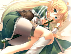 Rule 34 | 10s, 1girl, between breasts, blonde hair, bracelet, breasts, elf, green eyes, highres, jewelry, leafa, long hair, lying, on side, pastel-pastel, pointy ears, ponytail, sheath, sheathed, shorts, single thighhigh, solo, sword, sword art online, thighhighs, weapon