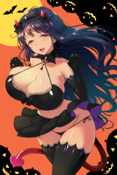 Rule 34 | 1girl, bat (animal), black gloves, black hair, blush, breasts, cleavage, commentary request, demon girl, demon horns, demon tail, elbow gloves, eyelashes, gloves, hairband, halloween, happy, highres, horns, large breasts, long hair, looking at viewer, nukemichi1020, open mouth, original, pink eyes, pumpkin, smile, solo, standing, tail, thighhighs, thighs