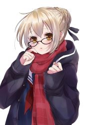Rule 34 | 1girl, absurdres, artoria pendragon (fate), bad id, bad twitter id, blonde hair, blush, braid, coat, commentary request, fate/grand order, fate (series), glasses, grey ribbon, hair bun, hair ribbon, hands up, highres, long sleeves, looking at viewer, mysterious heroine x alter (fate), mysterious heroine x alter (first ascension) (fate), neckerchief, orange eyes, parted lips, purple-framed eyewear, purple coat, red neckerchief, red scarf, ribbon, sailor collar, scarf, school uniform, serafuku, simple background, single hair bun, solo, upper body, vanilla (miotanntann), white background, white sailor collar