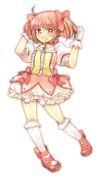 Rule 34 | 1girl, bow, bubble skirt, collarbone, full body, gloves, highres, kaname madoka, magical girl, mahou shoujo madoka magica, neck ribbon, oneroom-disco, open mouth, pink bow, pink eyes, pink footwear, pink hair, pink ribbon, puffy short sleeves, puffy sleeves, ribbon, short sleeves, short twintails, simple background, skirt, socks, solo, soul gem, standing, twintails, white background, white gloves, white socks