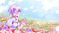 Rule 34 | 1girl, arm cuffs, blue sky, blush, bond en, cloud, commentary, commission, dress, english commentary, english text, flower, garden, hair flower, hair ornament, highres, holding, holding flower, kano3, mixed-language commentary, petals, pointy ears, puffy short sleeves, puffy sleeves, purple dress, purple eyes, purple flower, purple hair, reiya sumire, sample watermark, short sleeves, sky, snowflake hair ornament, solo, twitter username, virtual youtuber, watermark, white shrug